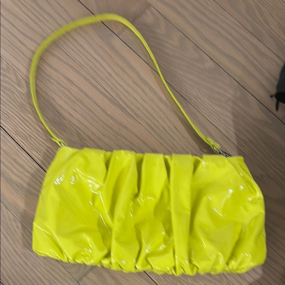 STAUD Yellow Clutch with Glossy Finish and Ruched Design